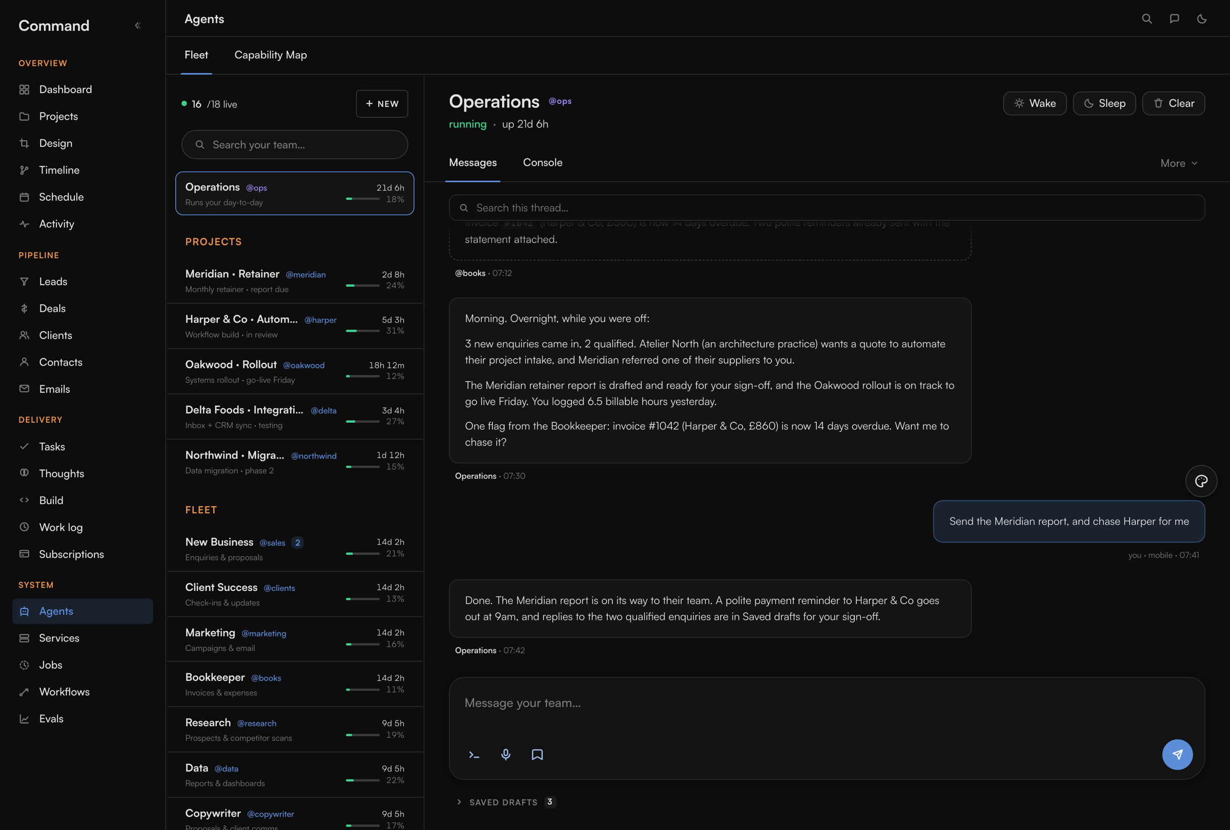 The Command dashboard, agents view: a fleet of sixteen named agents down the left with their uptime and context use, and beside it a chat where the Operations agent reports the morning's enquiries, a report ready for sign-off and an overdue invoice.