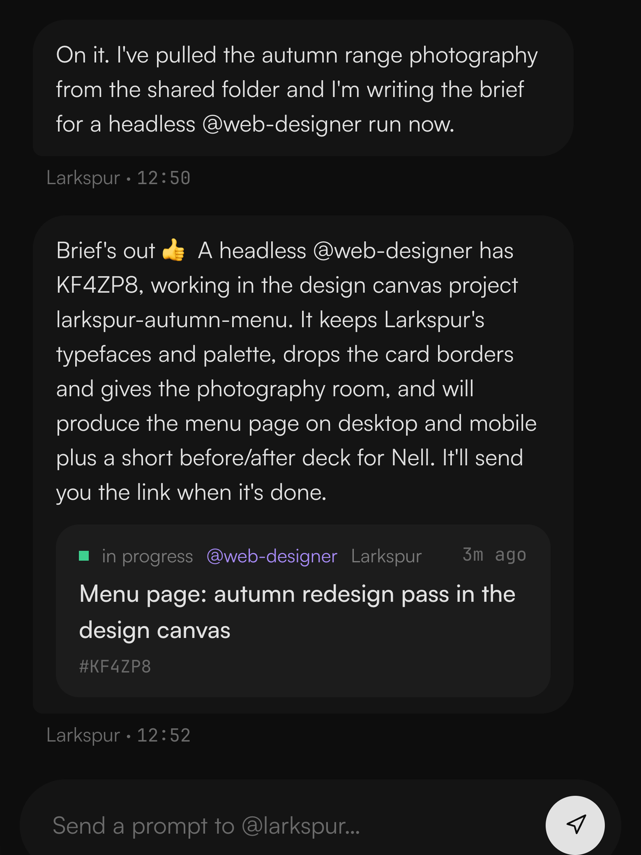 An agent thread in Command handing a menu redesign to a designer agent.